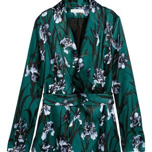 H&M Green Satin Floral Blazer Jacket with Belt 6